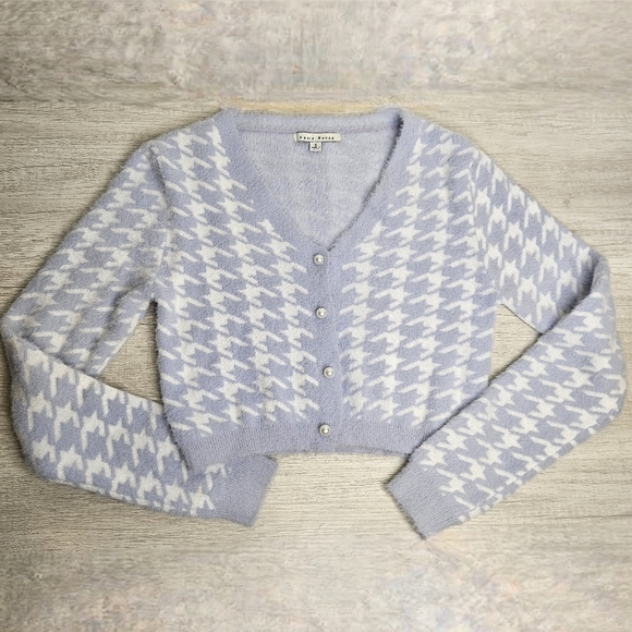 Haute Monde Blue White Cropped Houndstooth Soft Faux Pearl Buttons Cardigan S - Picture 1 of 6